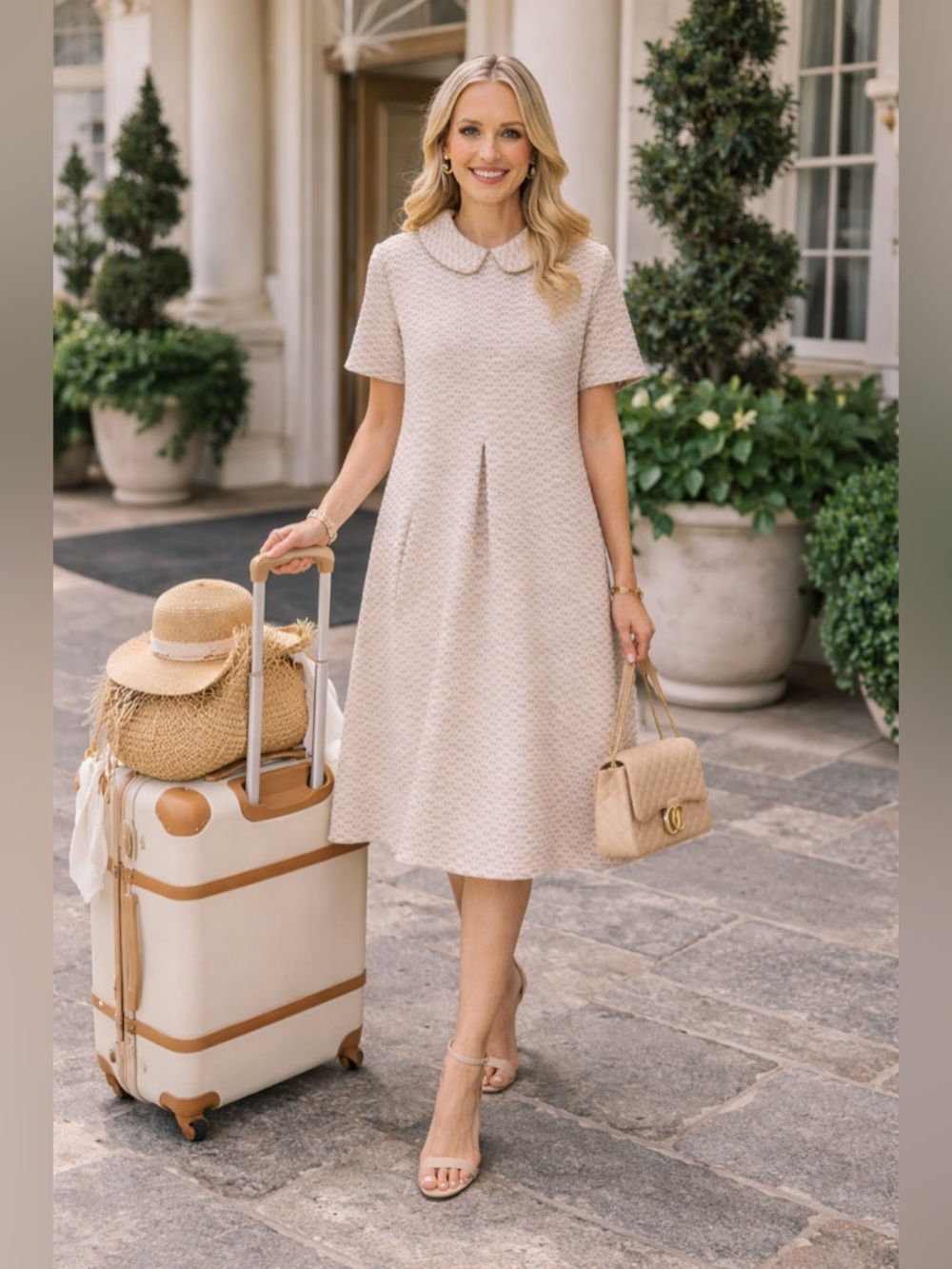 Tyler Boe Herringbone Tan Midi Dress ✨ $340 Retail Quiet Luxury Peter Pan Collar